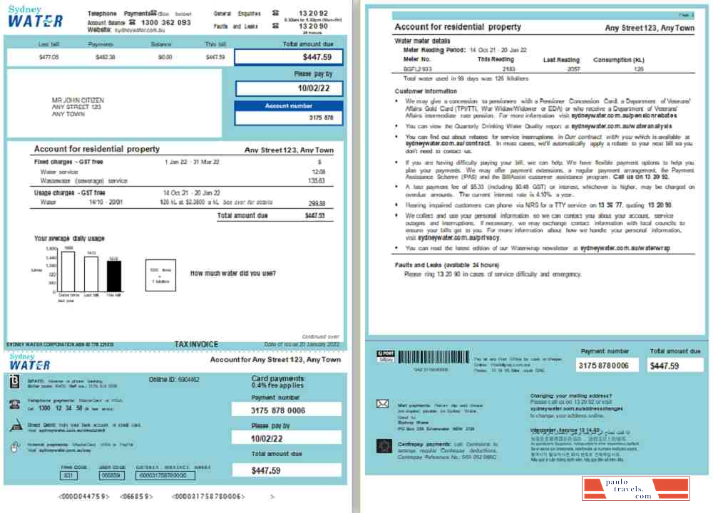 Australia Sydney Water utility bill, Word and PDF template, 2 pages